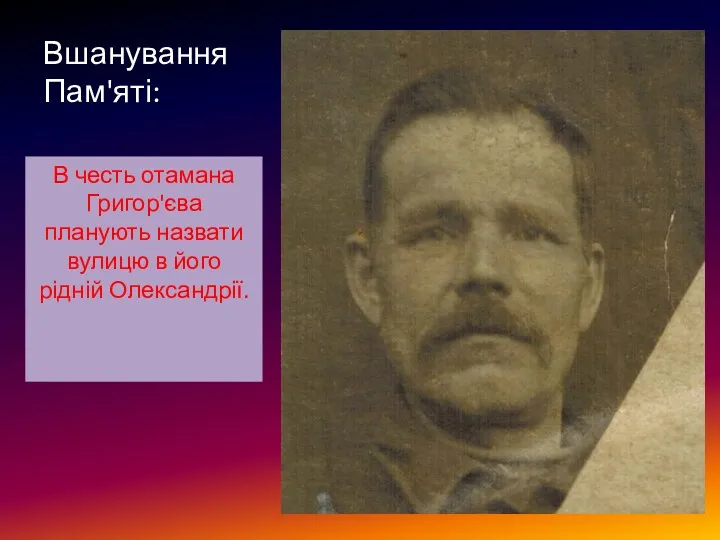 Вшанування Пам'яті: В честь отамана Григор'єва планують назвати вулицю в його рідній Олександрії.