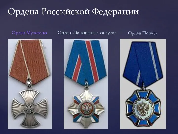 Ордена Российской Федерации Орден Мужества Орден «За военные заслуги» Орден Почёта