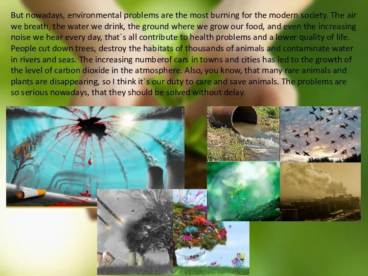 But nowadays, environmental problems are the most burning for the