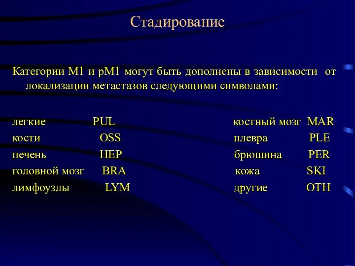 Стадирование Категории М1 и рМ1 могут быть дополнены в зависимости от локализации метастазов