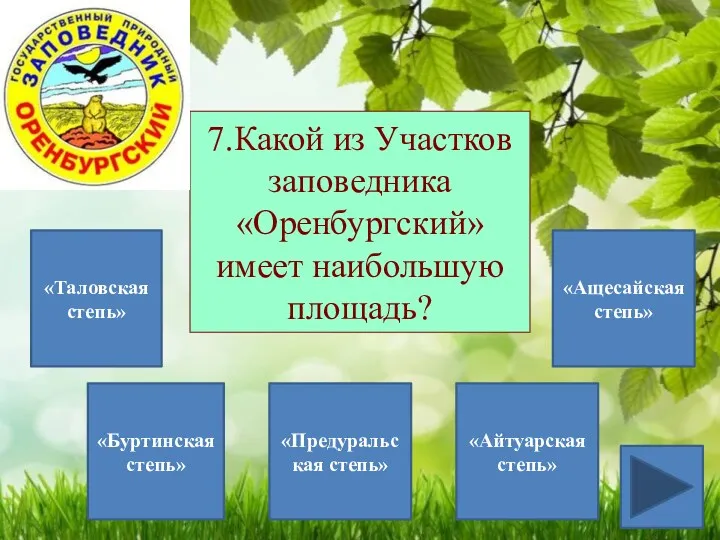 7.Какой из Участков заповедника «Оренбургский» имеет наибольшую площадь? «Таловская степь»