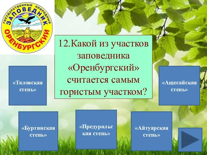 12.Какой из участков заповедника «Оренбургский» считается самым гористым участком? «Таловская