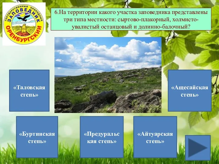 6.На территории какого участка заповедника представлены три типа местности: сыртово-плакорный,