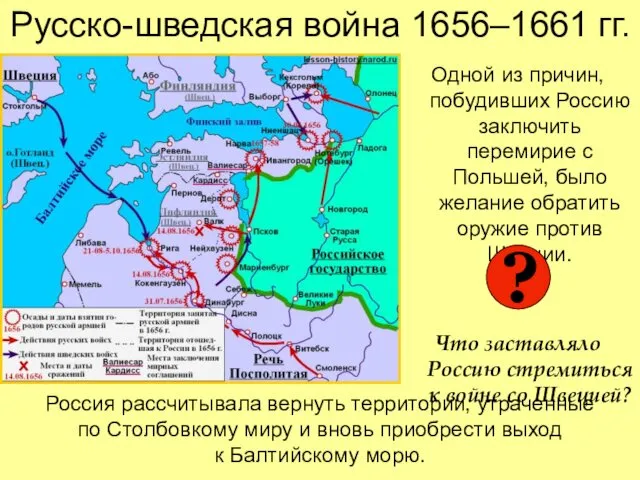 Русско-шведская война 1656–1661 гг. Одной из причин, побудивших Россию заключить