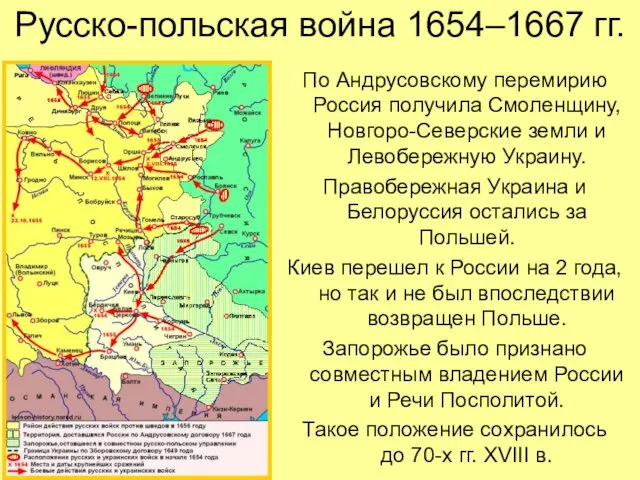 Русско-польская война 1654–1667 гг. По Андрусовскому перемирию Россия получила Смоленщину,