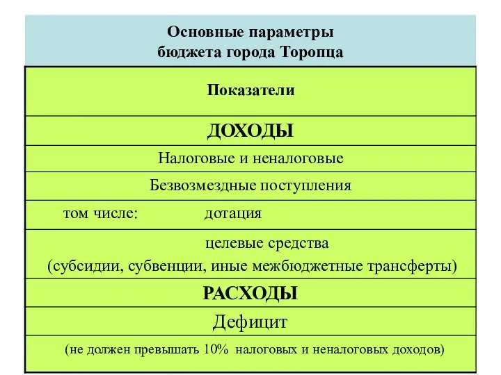 Основные параметры бюджета города Торопца