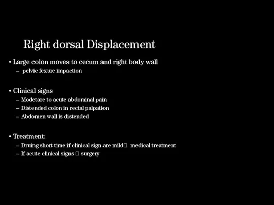 Right dorsal Displacement Large colon moves to cecum and right