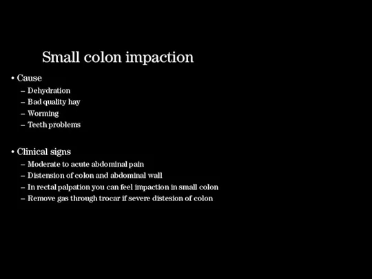 Small colon impaction Cause Dehydration Bad quality hay Worming Teeth