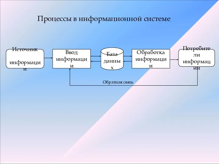 Процессы в информационной системе Источник информации Ввод информации База данных Обработка информации Потребители информации Обратная связь