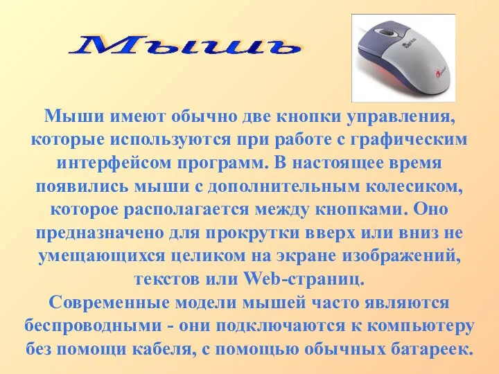 Мыши имеют обычно две кнопки управления, которые используются при работе с графическим интерфейсом