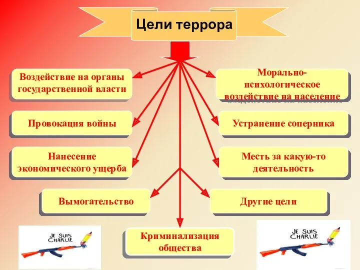 Цели террора Морально-психологическое воздействие на население Провокация войны Устранение соперника