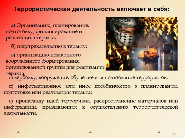 Террористическая деятельность включает в себя: г) вербовку, вооружение, обучение и