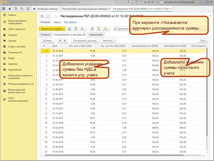 При варианте «Указывается вручную» распределяются суммы Добавлено указание суммы без НДС в валюте
