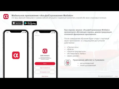 Мобильное приложение «АльфаСтрахование Мобайл» Приложение работает в 2 режимах: авторизованный.