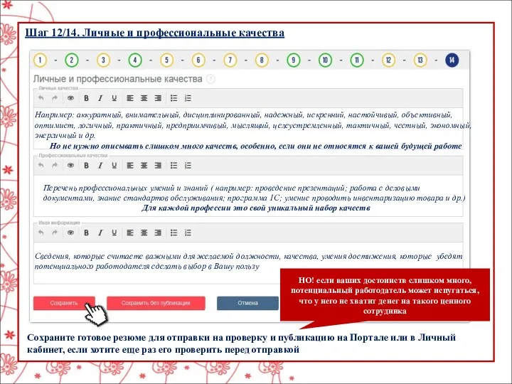 Шаг 12/14. Личные и профессиональные качества Сведения, которые считаете важными для желаемой должности,