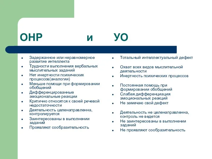 ОНР и УО Задержанное или неравномерное развитие интеллекта Трудности выполнения