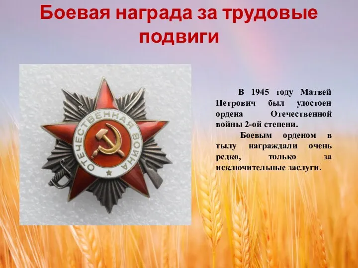 Боевая награда за трудовые подвиги В 1945 году Матвей Петрович был удостоен ордена