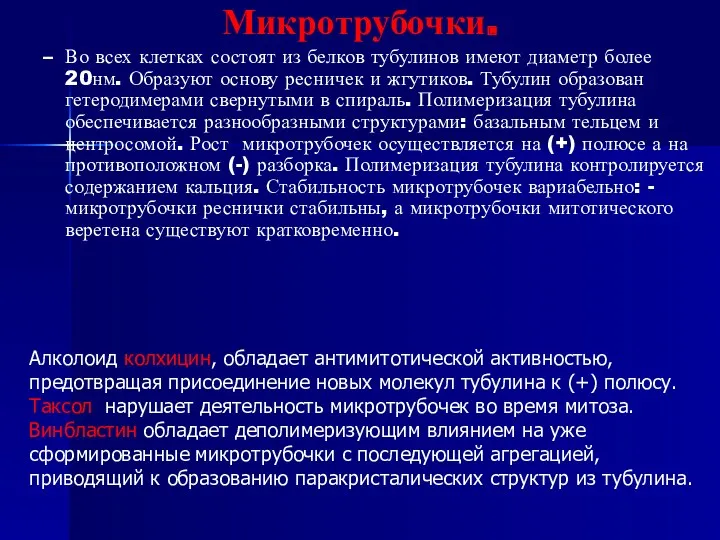 Микротрубочки. Во всех клетках состоят из белков тубулинов имеют диаметр