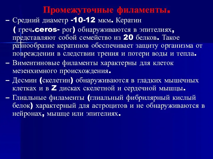 Промежуточные филаменты. Средний диаметр -10-12 мкм. Кератин ( греч.ceros- рог)