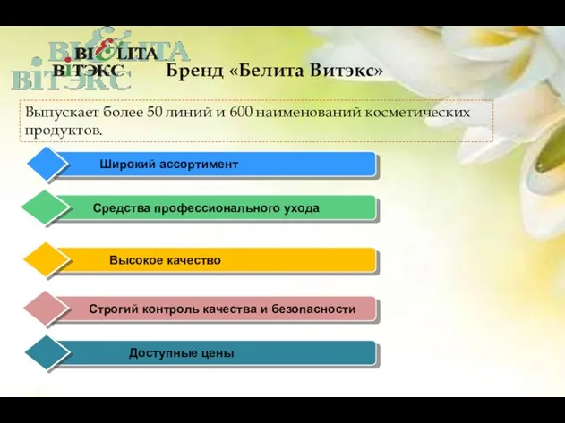 Бренд «Белита Витэкс» Выпускает более 50 линий и 600 наименований косметических продуктов.