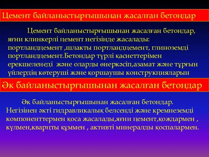 Цемент байланыстырғышынан жасалған бетондар Цемент байланыстырғышынан жасалған бетондар, яғни клинкерлі