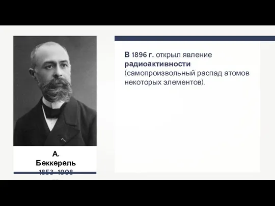 А. Беккерель 1853–1908 гг. В 1896 г. открыл явление радиоактивности (самопроизвольный распад атомов некоторых элементов).