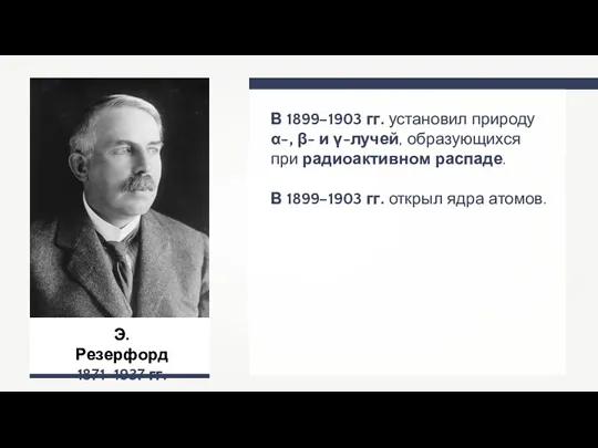 Э. Резерфорд 1871–1937 гг. В 1899–1903 гг. установил природу α-,