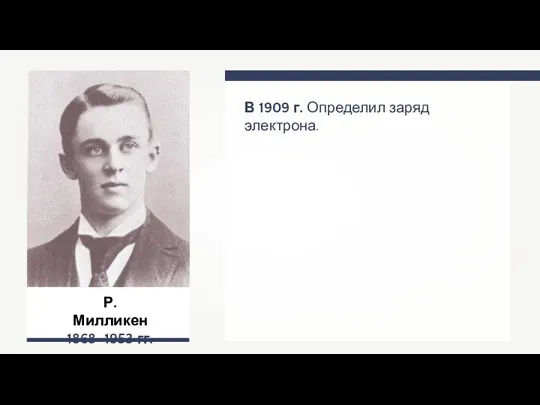 Р. Милликен 1868–1953 гг. В 1909 г. Определил заряд электрона.