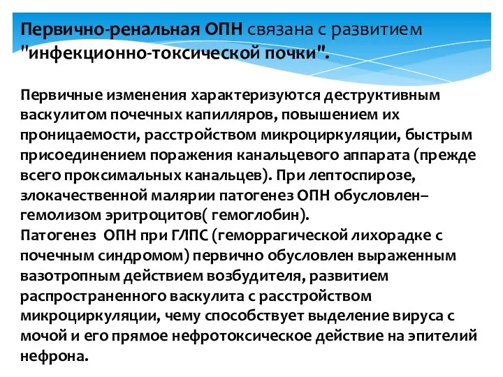 Первично-ренальная ОПН связана с развитием "инфекционно-токсической почки". Первичные изменения характеризуются