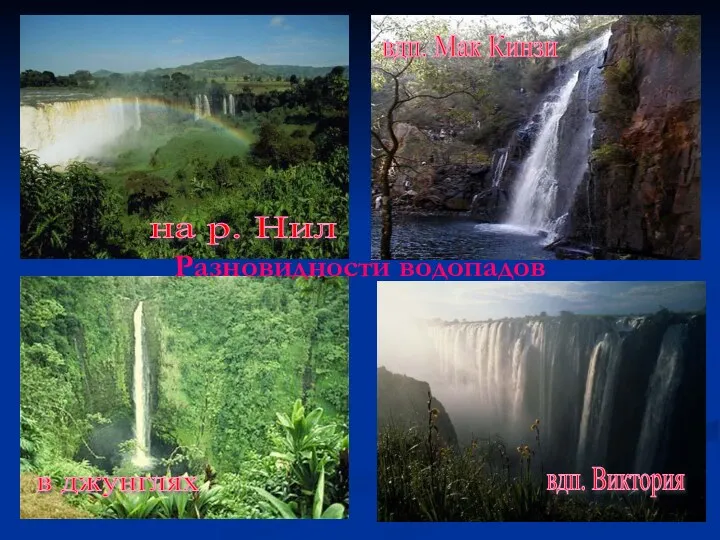 Разновидности водопадов на р. Нил в джунглях вдп. Мак Кинзи вдп. Виктория