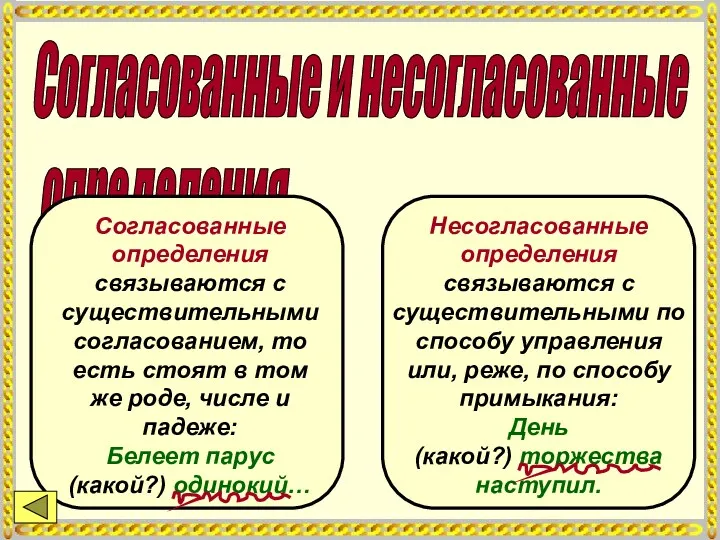 Согласованные и несогласованные определения Согласованные определения связываются с существительными согласованием,