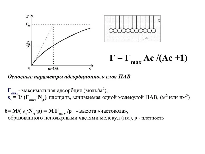 Г = Гmax Aс /(Ac +1) Основные параметры адсорбционного слоя