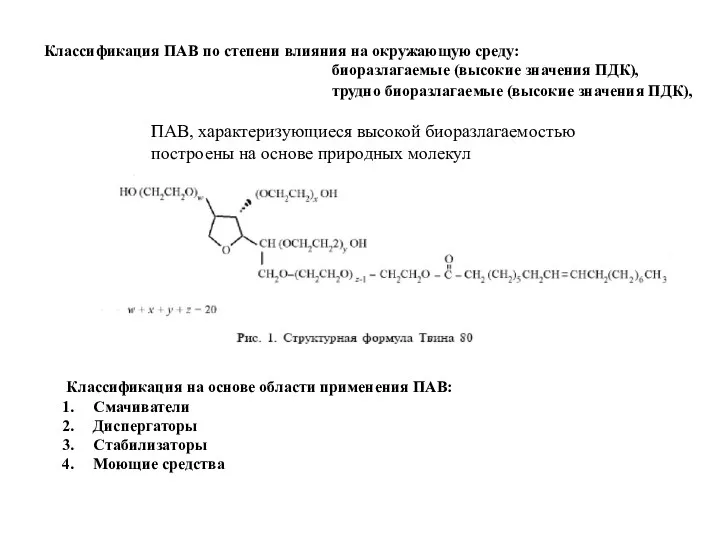 ПАВ, характеризующиеся высокой биоразлагаемостью построены на основе природных молекул Классификация