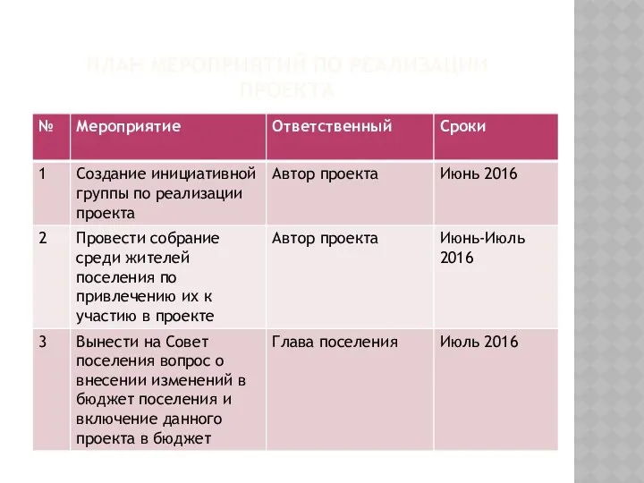 ПЛАН МЕРОПРИЯТИЙ ПО РЕАЛИЗАЦИИ ПРОЕКТА