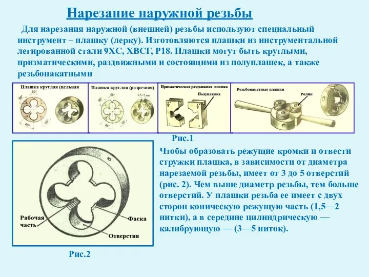 Нарезание наружной резьбы Для нарезания наружной (внешней) резьбы используют специальный