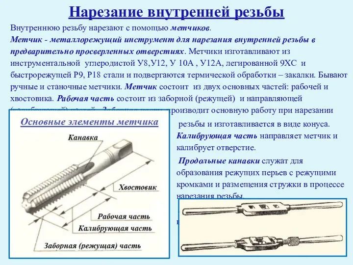 Нарезание внутренней резьбы Внутреннюю резьбу нарезают с помощью метчиков. Метчик