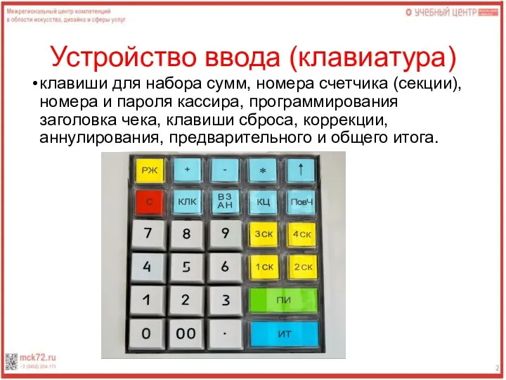 Устройство ввода (клавиатура) клавиши для набора сумм, номера счетчика (секции),