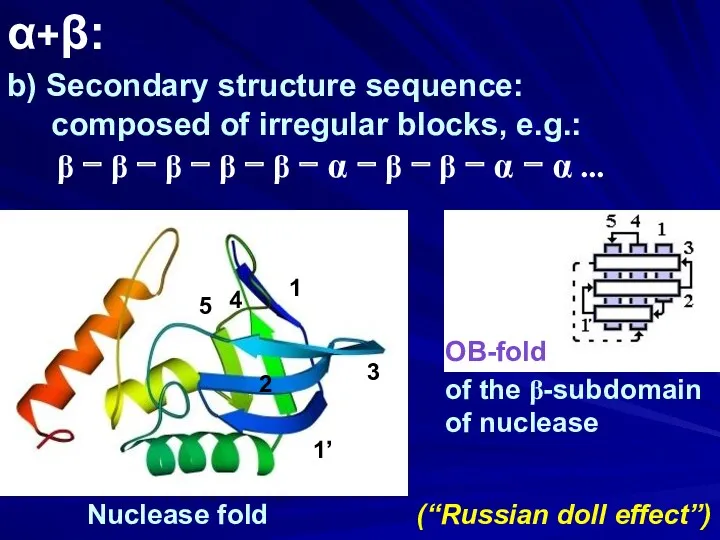 α+β: b) Secondary structure sequence: composed of irregular blocks, e.g.: