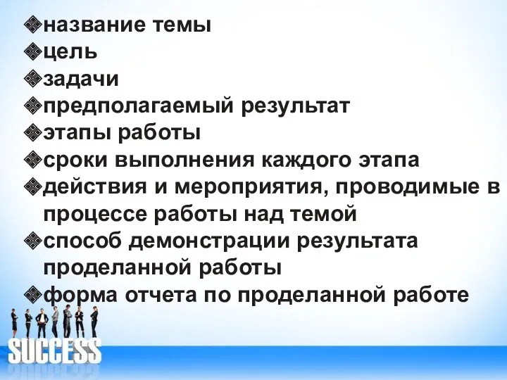 название темы цель задачи предполагаемый результат этапы работы сроки выполнения