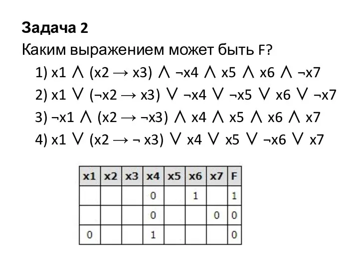 Задача 2 Каким выражением может быть F? 1) x1 ∧ (x2 → x3)