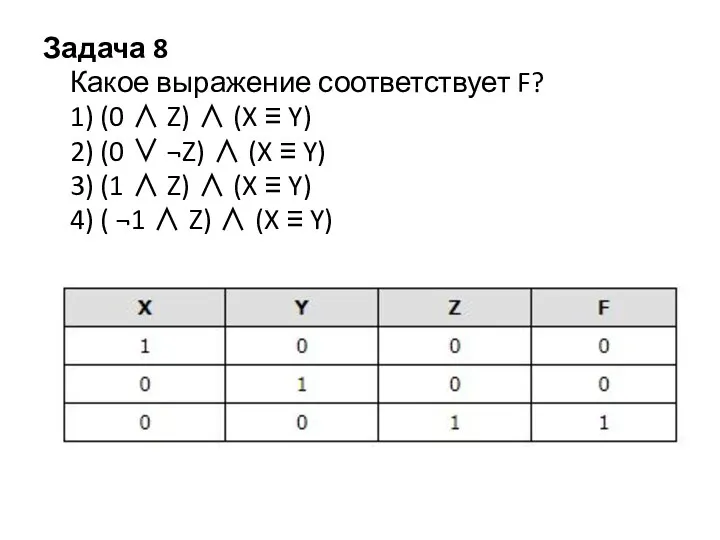 Задача 8 Какое выражение соответствует F? 1) (0 ∧ Z) ∧ (X ≡