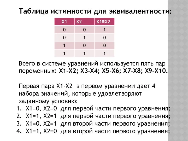 Таблица истинности для эквивалентности: Всего в системе уравнений используется пять пар переменных: Х1-Х2;
