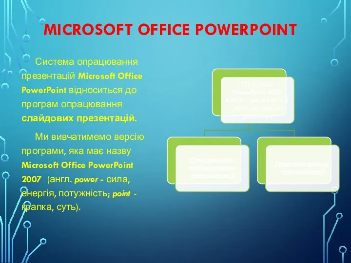 MICROSOFT OFFICE POWERPOINT Система опрацювання презентацій Microsoft Office PowerPoint відноситься до програм опрацювання