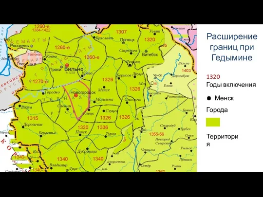 Расширение границ при Гедымине 1320 Годы включения . Менск Города Территория