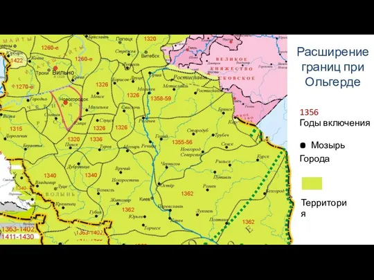 Расширение границ при Ольгерде 1356 Годы включения . Мозырь Города Территория