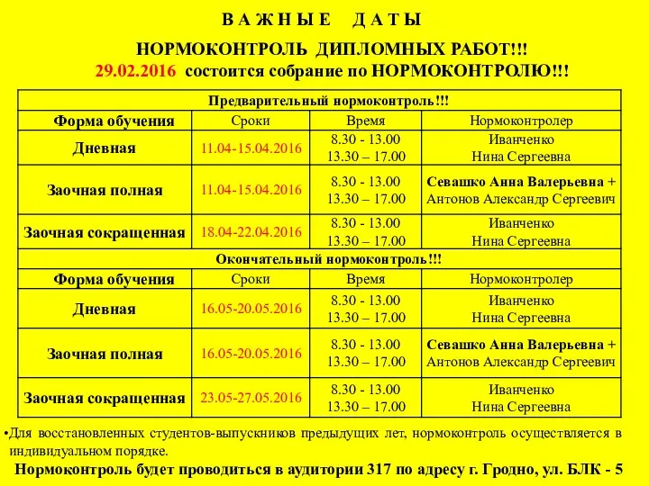 В А Ж Н Ы Е Д А Т Ы НОРМОКОНТРОЛЬ ДИПЛОМНЫХ РАБОТ!!!