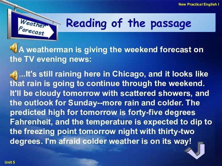 Reading of the passage A weatherman is giving the weekend