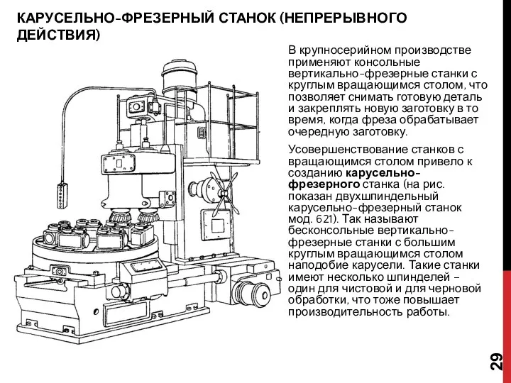 КАРУСЕЛЬНО-ФРЕЗЕРНЫЙ СТАНОК (НЕПРЕРЫВНОГО ДЕЙСТВИЯ) В крупносерийном производстве применяют консольные вертикально-фрезерные