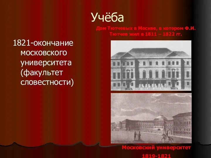 Учёба 1821-окончание московского университета (факультет словестности) Дом Тютчевых в Москве,