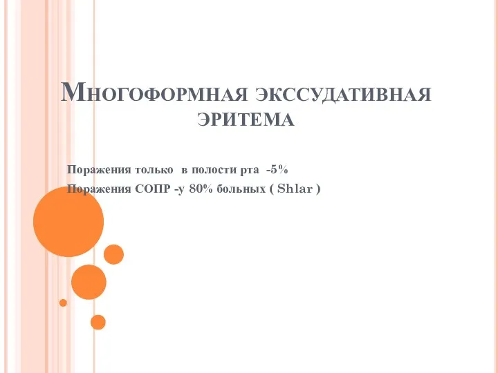 Многоформная экссудативная эритема Поражения только в полости рта -5% Поражения